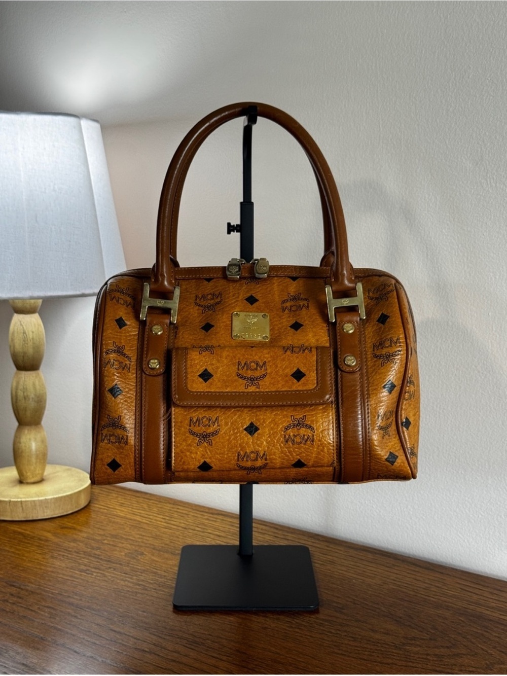 MCM Cognac Visetos Logo Satchel in Brown with Gold Hardware